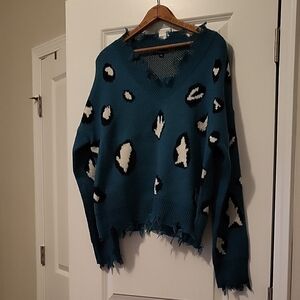 Elegant Teal and Black V-Neck Sweater